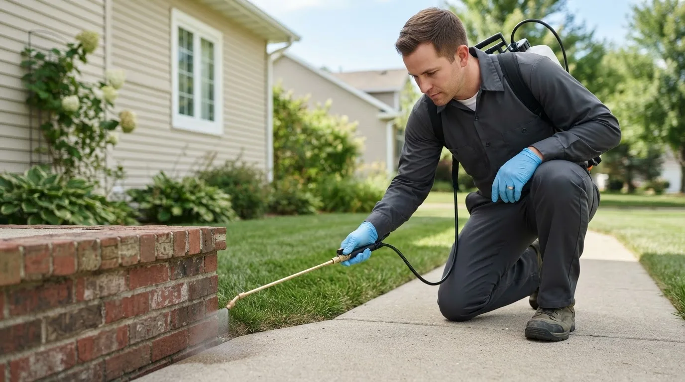 Pest control technician treating a home near Cloverdale, IN